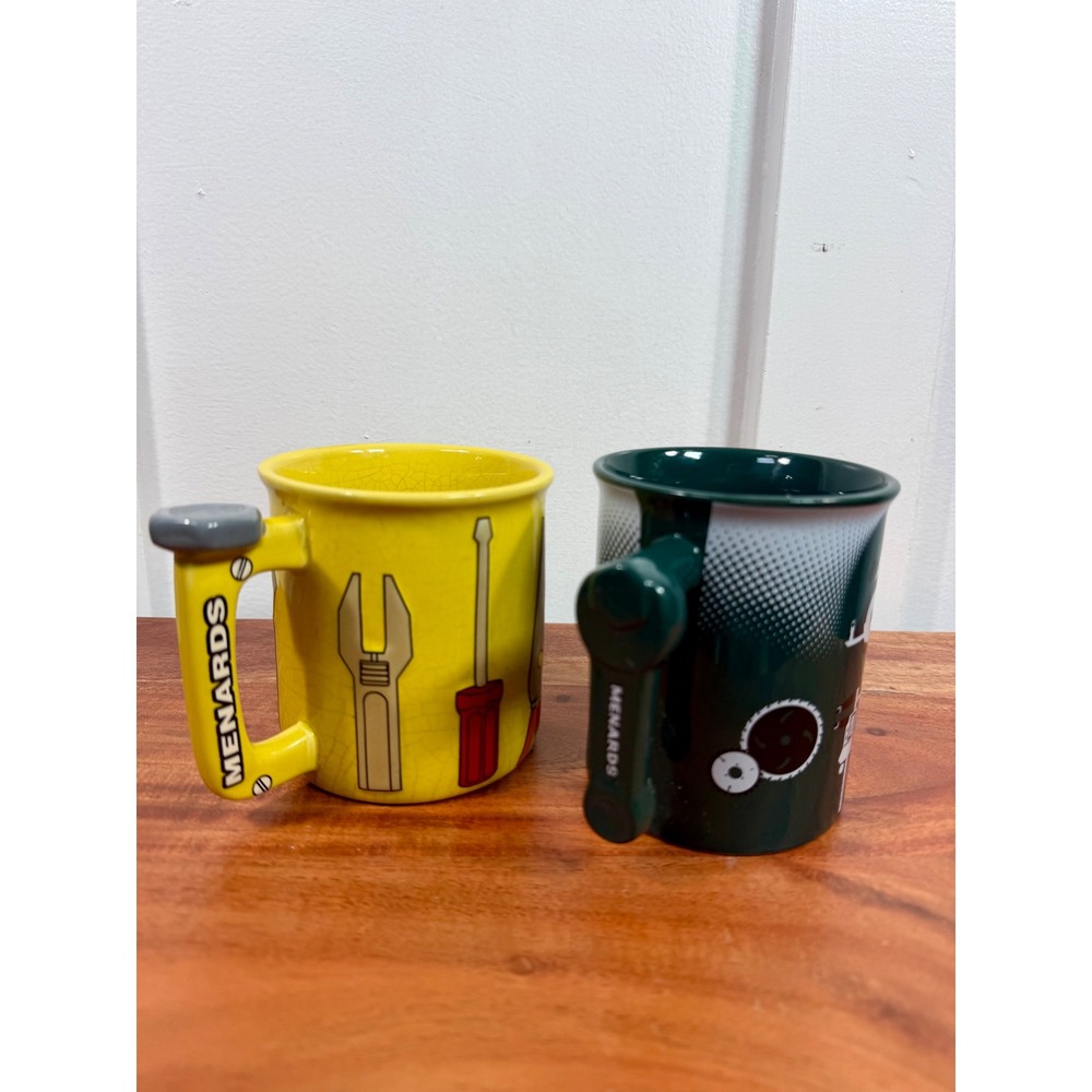 Menards Coffee Mug 3D Tools Graphic Set of 2 Yellow & Green Tool Handles Ceramic - Picture 3 of 13